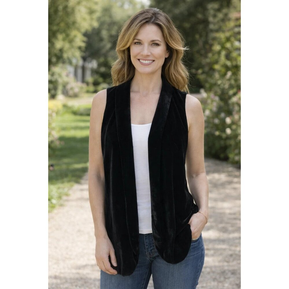 J. Jill size XS Crushed Velvet Open Front Draped Layering Vest, Black